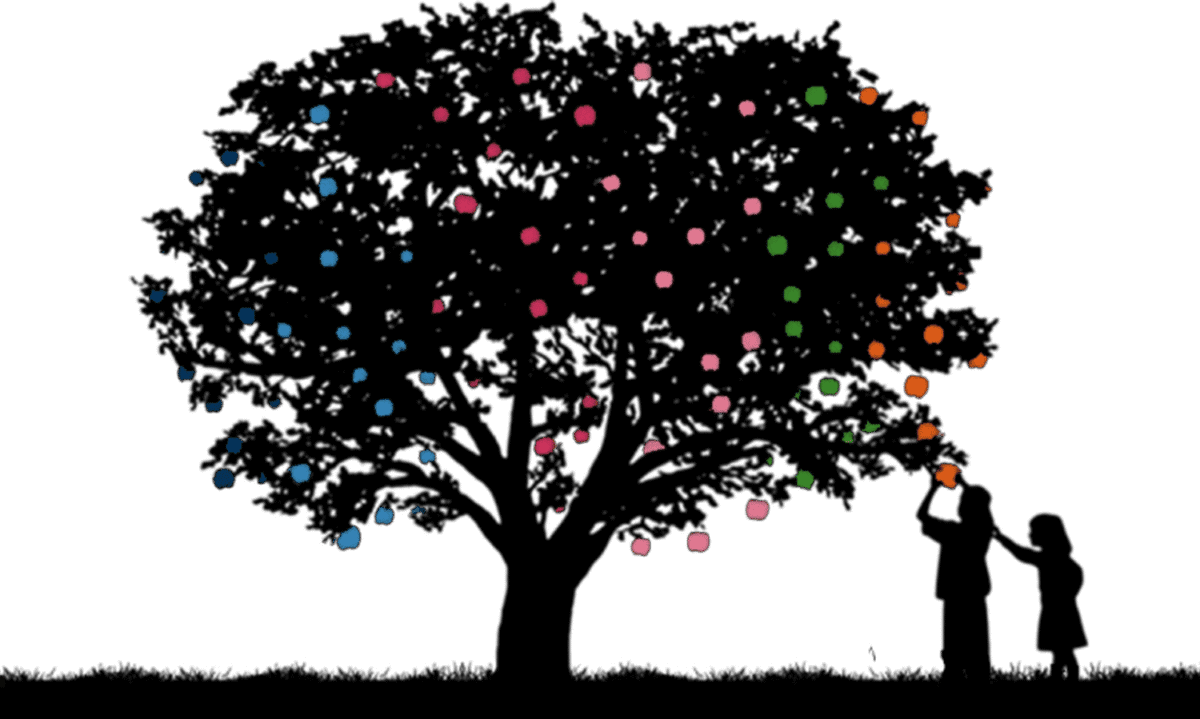 Children playing under the apple tree